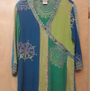 Boho Indian green blue button Colorblock Top L